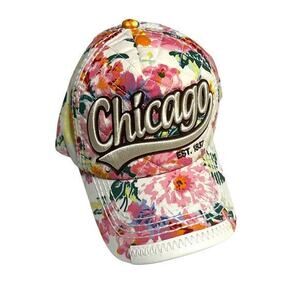 Chicago Robin Ruth Floral Quilted Baseball Hat Snap Back White Pink Faux Leather